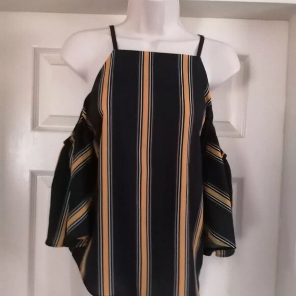 Selects Ladies Black And Yellow Stripy Cold Shoulder Top Size 6 - Picture 2 of 3